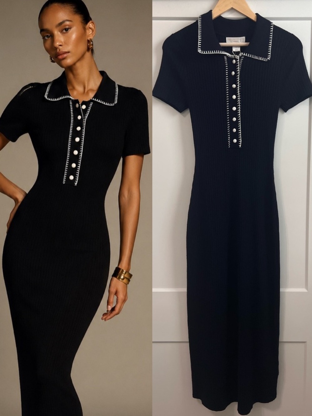 Caroline Constas Navy Ribbed Polo Midi Dress White Trim Sz M